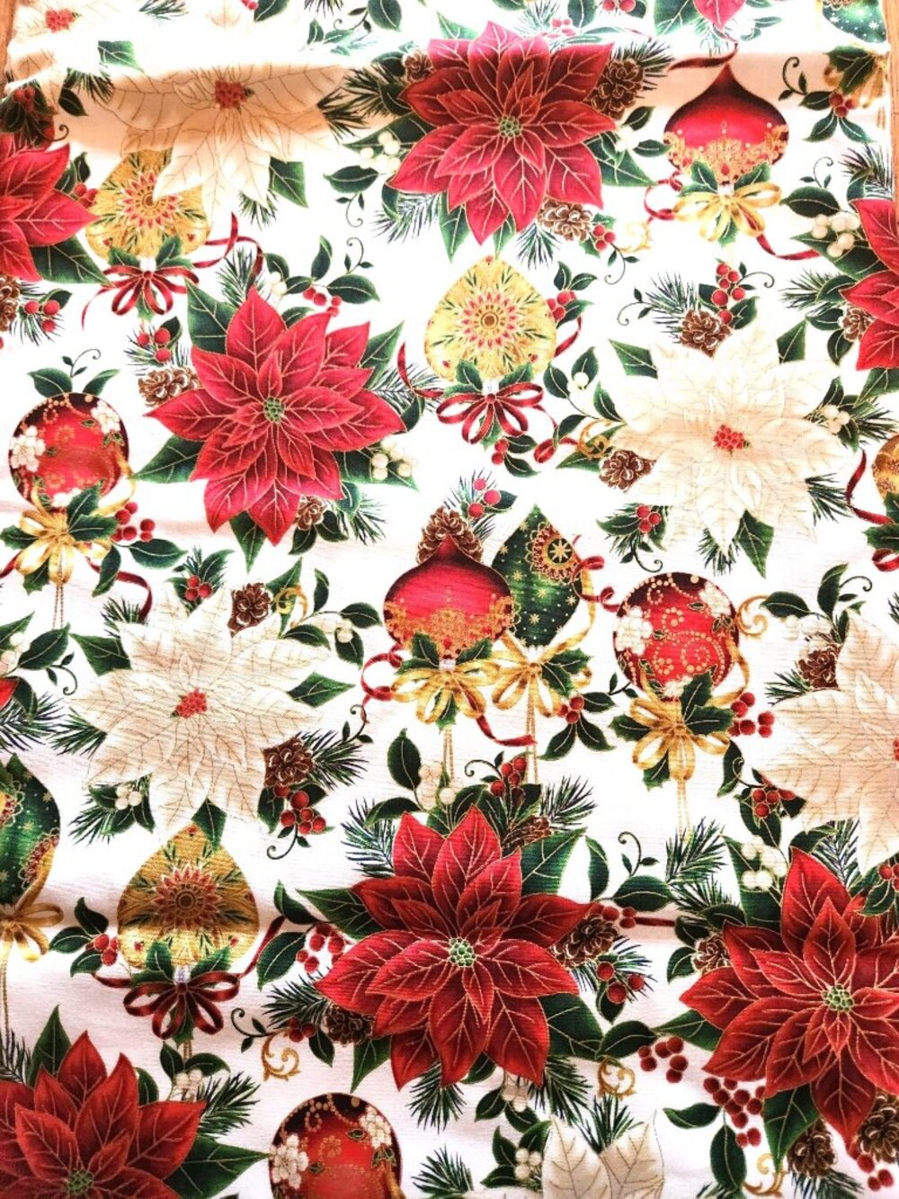 Christmas Table Runner Poinsettia Ornament Festive Floral Holiday Red White